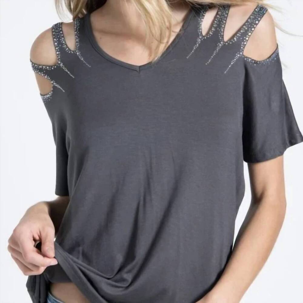 NEW VOCAL APPAREL laser cut stone shoulder top in black